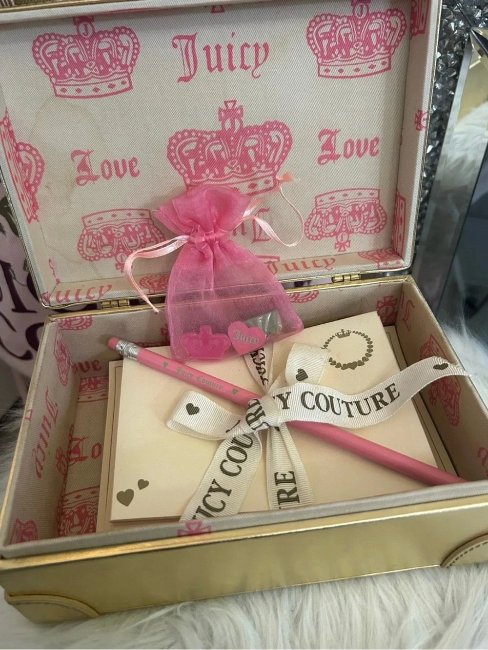 Rare Vintage Juicy Couture Gold Leather Keepsake Box Stationery Pencil Erasers